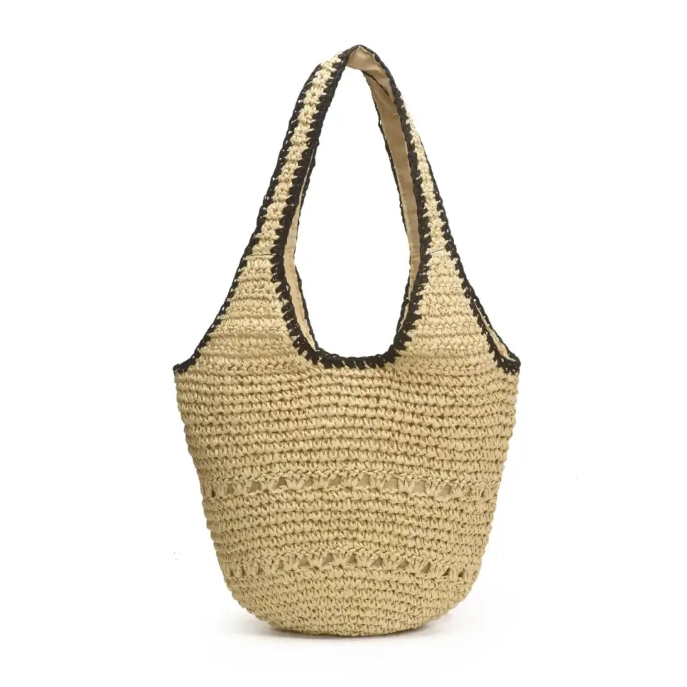 Woven Straw Shoulder Bag with Contrast Trim
