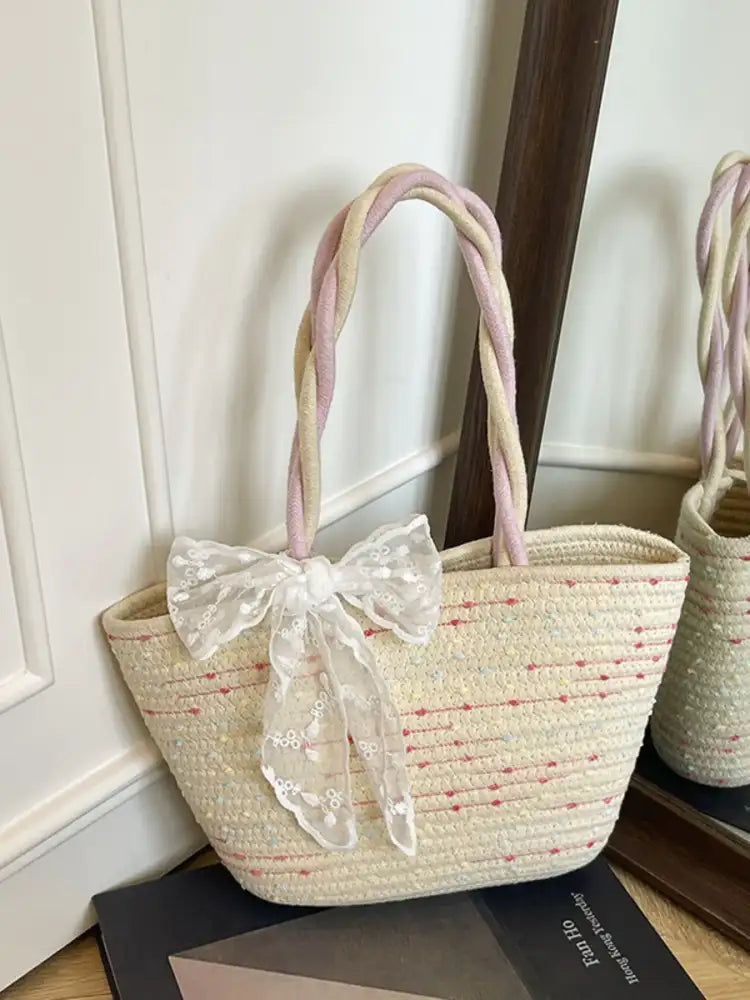 Woven Straw Shoulder Bag with Lace Bow Detail