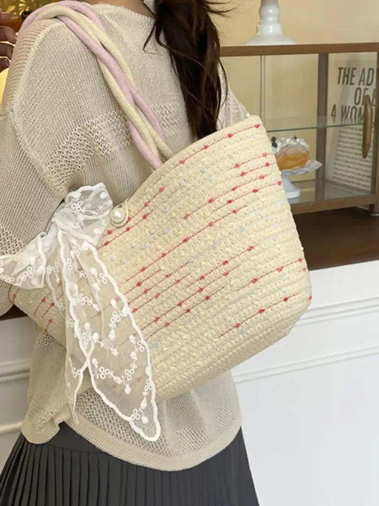 Woven Straw Shoulder Bag with Lace Bow Detail