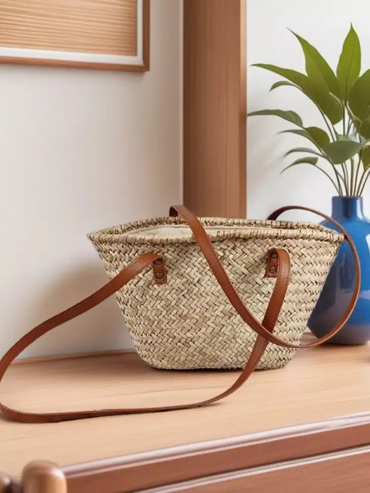 Woven Straw Shoulder Bag with Leather Accents