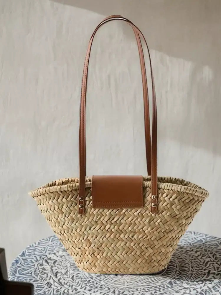 Woven Straw Shoulder Bag with Leather Accents