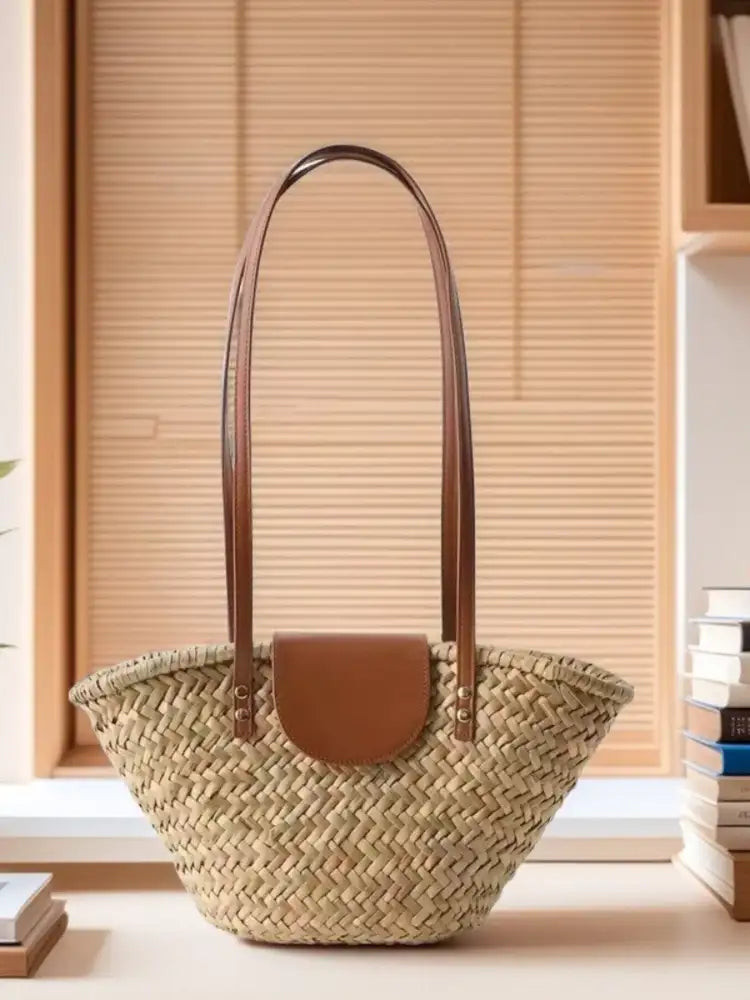 Woven Straw Shoulder Bag with Leather Accents