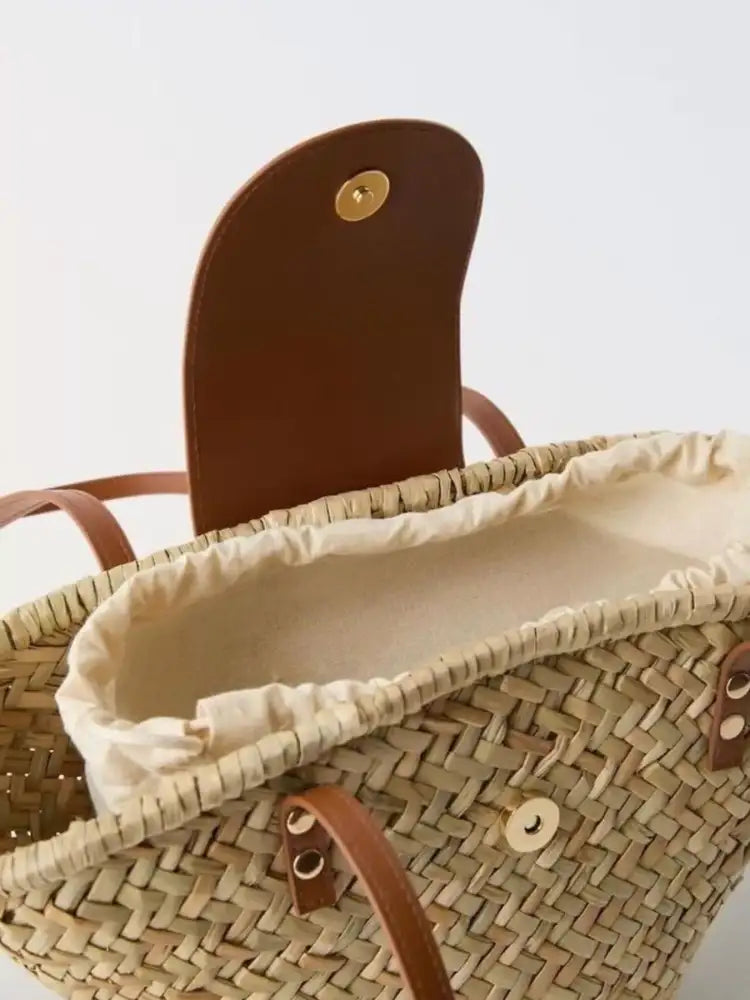 Woven Straw Shoulder Bag with Leather Accents