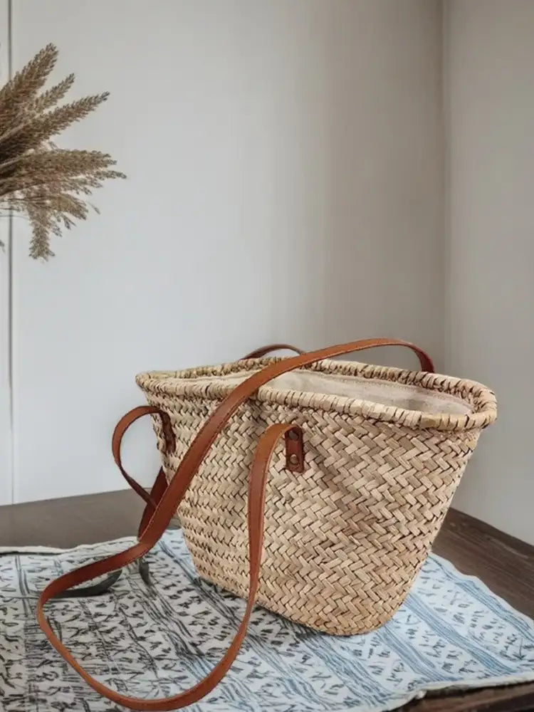 Woven Straw Shoulder Bag with Leather Accents