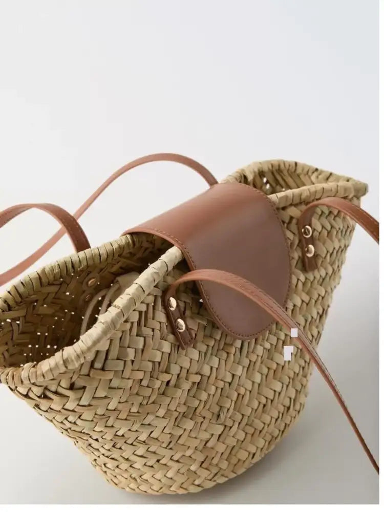 Woven Straw Shoulder Bag with Leather Accents