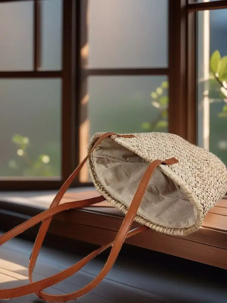 Woven Straw Shoulder Bag with Leather Accents
