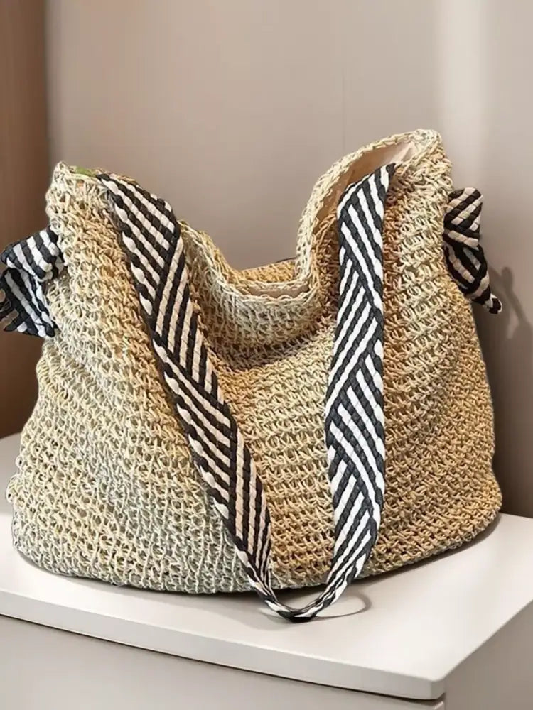 Woven Straw Shoulder Bag with Striped Handles