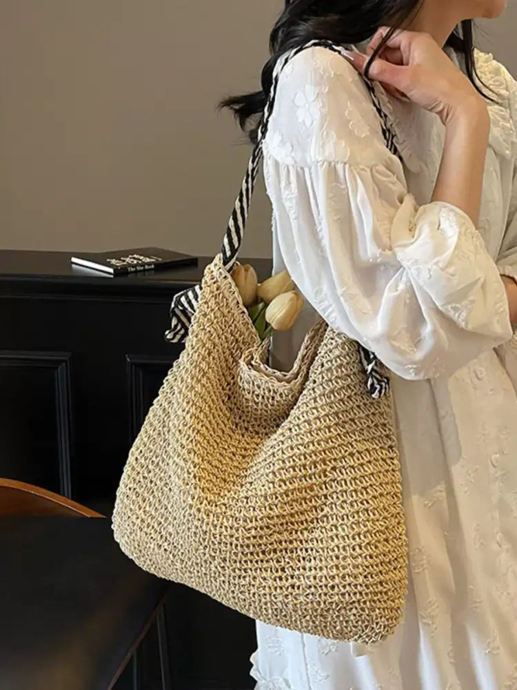 Woven Straw Shoulder Bag with Striped Handles
