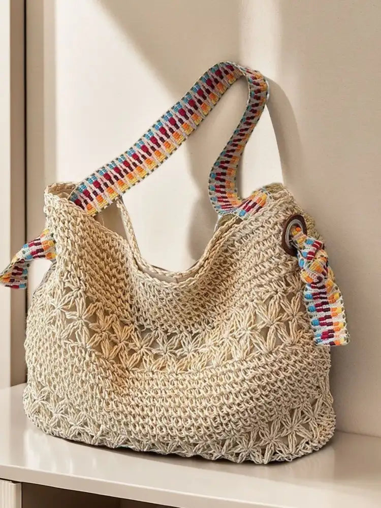Woven Straw Shoulder Bag with Striped Handles