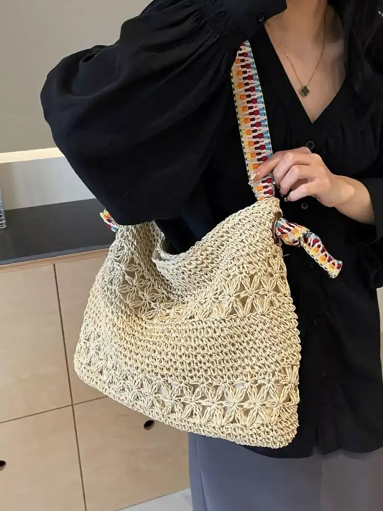 Woven Straw Shoulder Bag with Striped Handles
