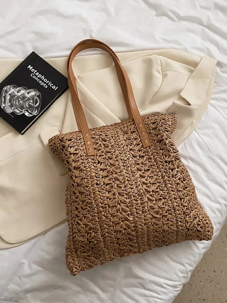 Woven Straw Summer Shoulder Bag with Leather Handles