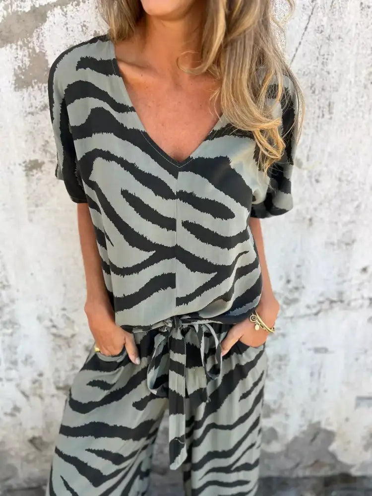 Zebra Print V-Neck Top and Pants Set
