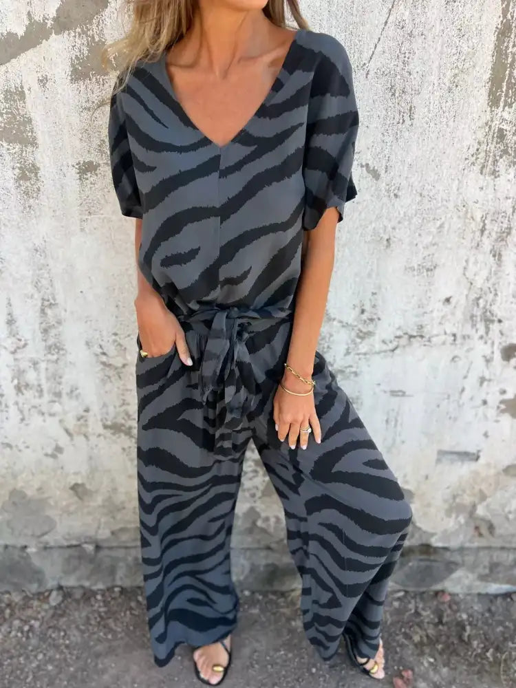Zebra Print V-Neck Top and Pants Set