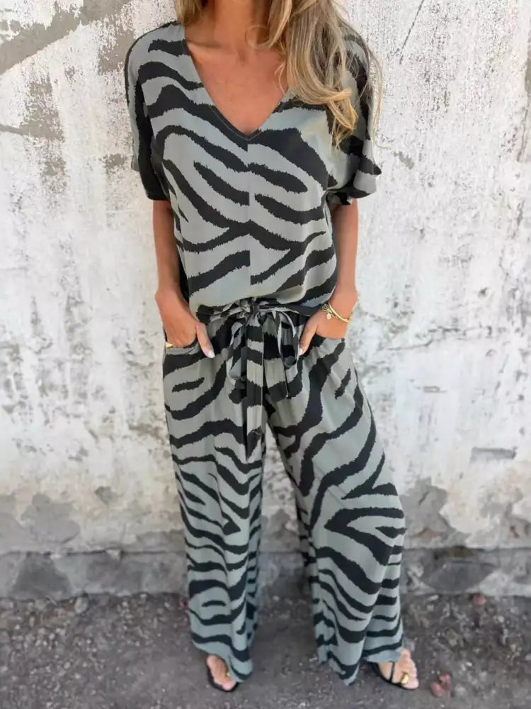 Zebra Print V-Neck Top and Pants Set