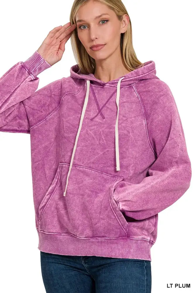 Zenana Acid Wash Fleece Hoodie with Kangaroo Pocket