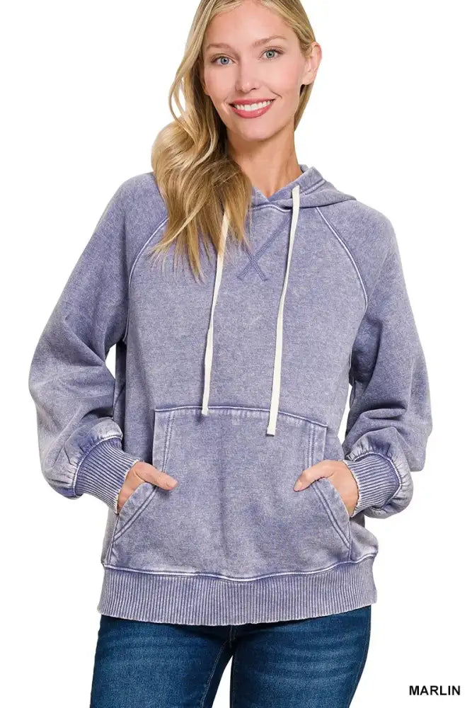 Acid Wash Fleece Hoodie with Kangaroo Pocket