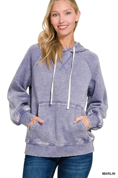 Acid Wash Fleece Hoodie with Kangaroo Pocket