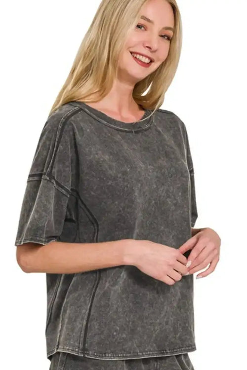 Acid Washed Short Sleeve Tee and Shorts Set for Women