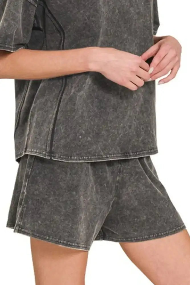 Zenana Acid Washed Short Sleeve Tee & Shorts Set