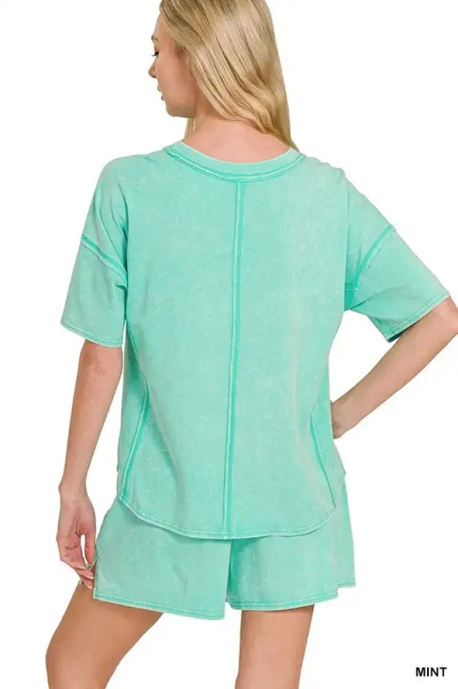 Zenana Acid Washed Short Sleeve Tee & Shorts Set