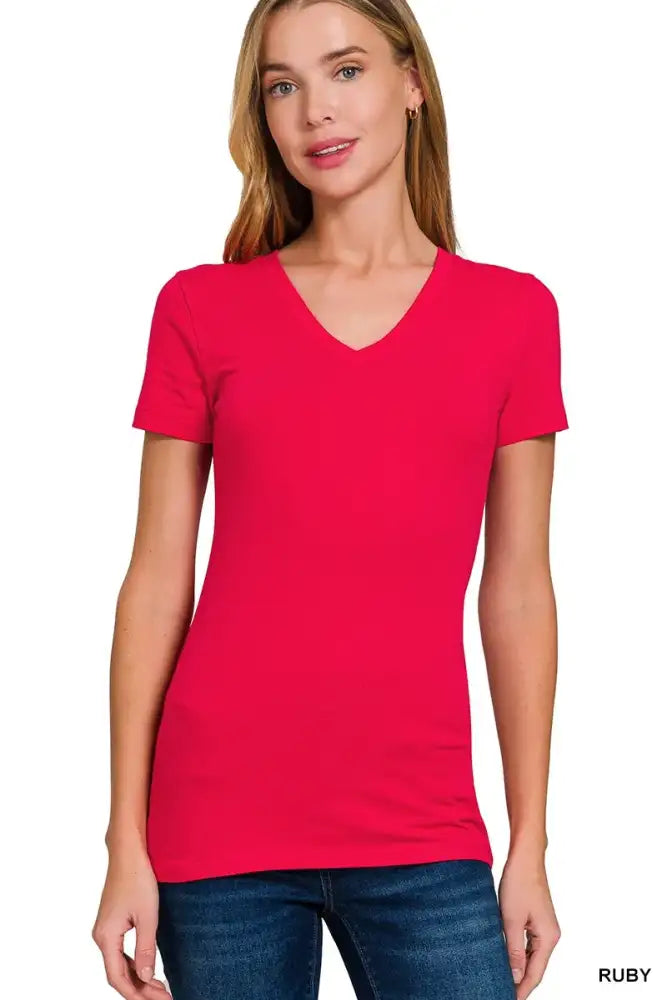 Zenana Basic Cotton V-Neck Short Sleeve T-Shirt