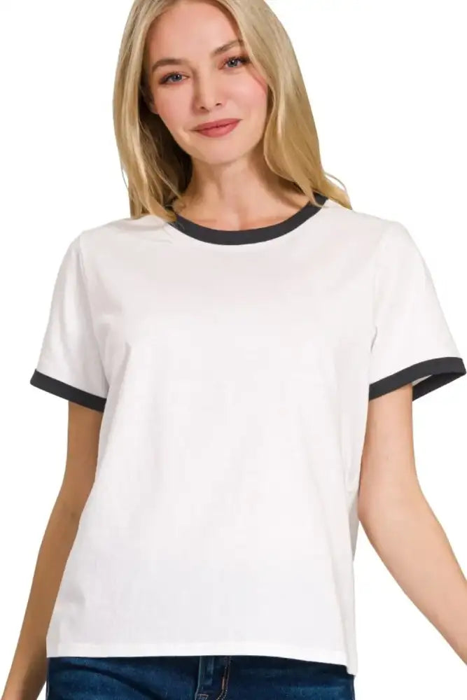 Zenana Contrast Binding Short Sleeve Tee Shirts