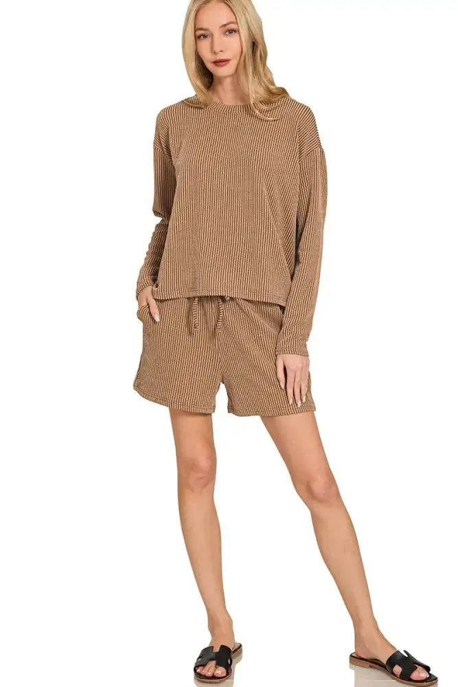 Zenana Corded Rib Long Sleeve Tee and Shorts Set