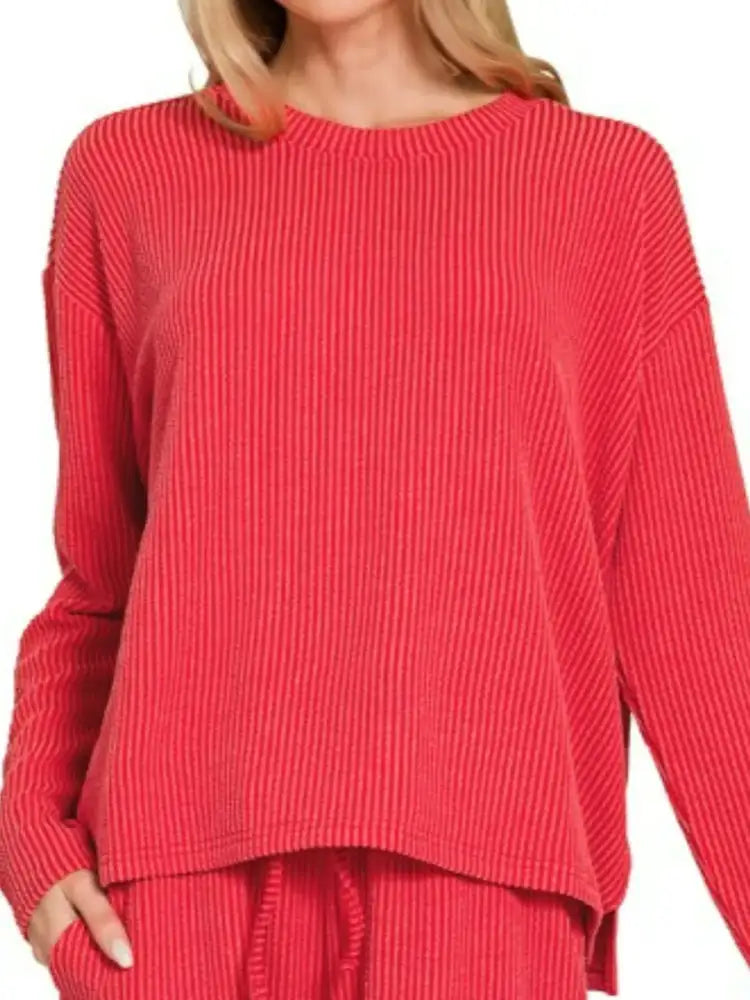 Zenana Corded Rib Long Sleeve Tee and Shorts Set