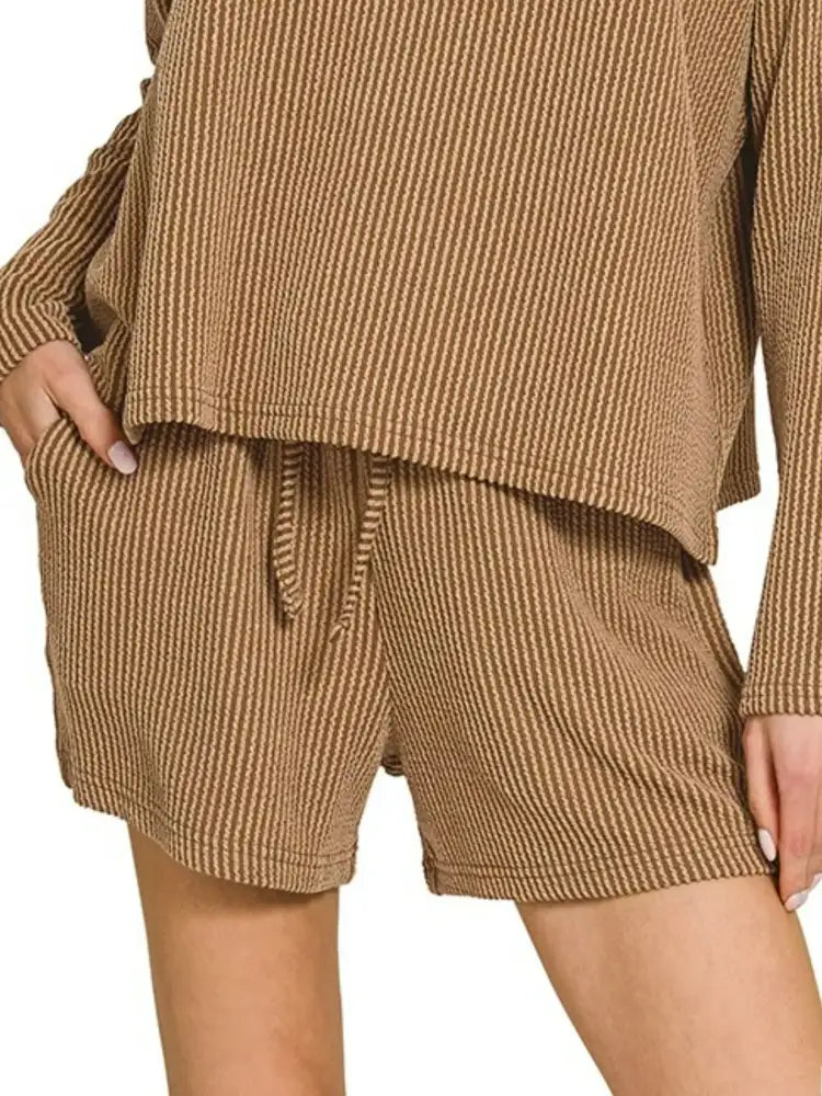 Zenana Corded Rib Long Sleeve Tee and Shorts Set