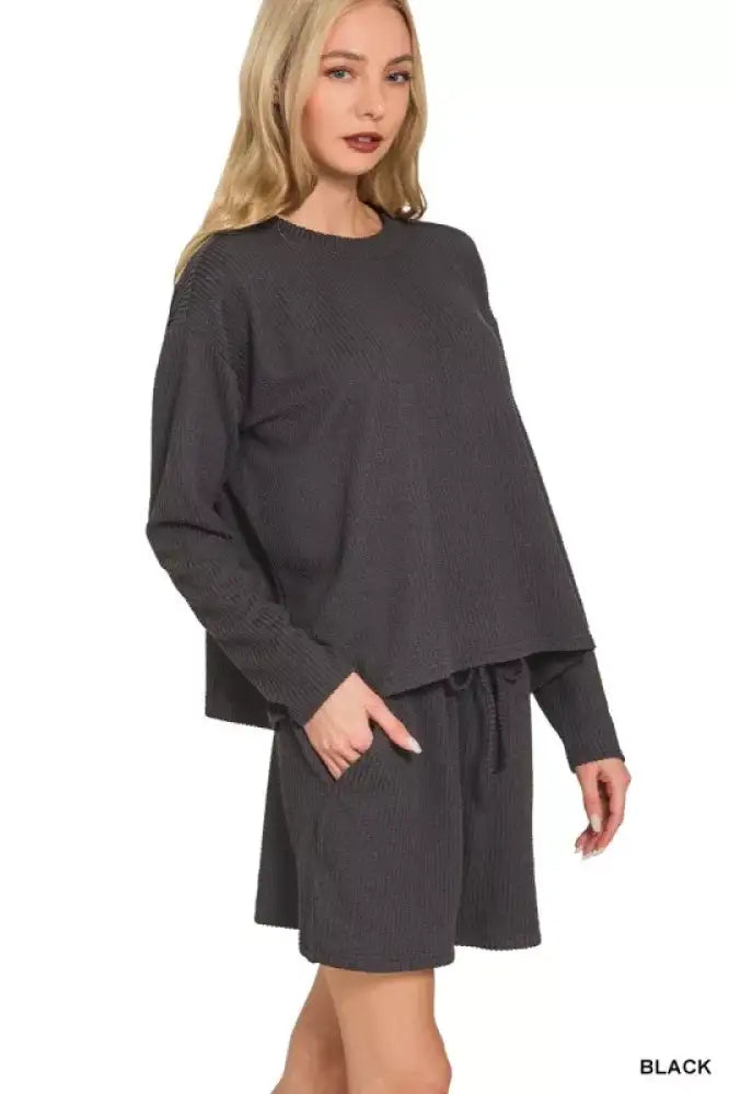 Zenana Corded Rib Long Sleeve Tee and Shorts Set