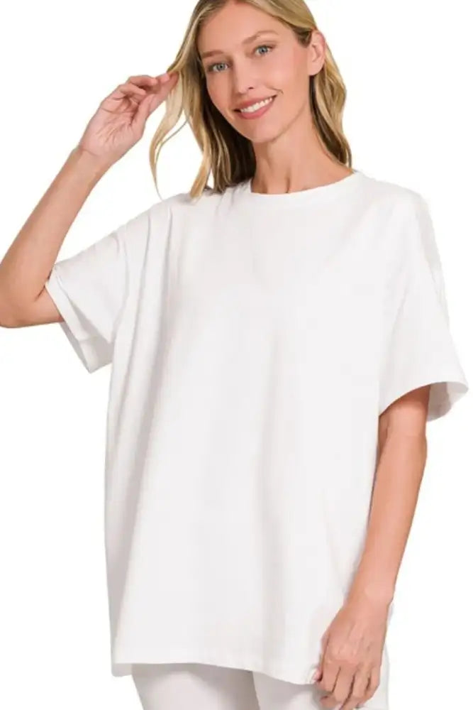 Zenana Cotton Round Neck Top & Biker Shorts