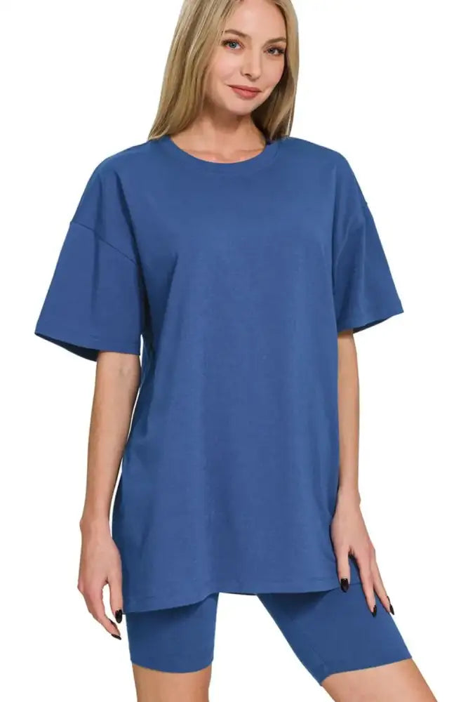 Zenana Cotton Round Neck Top & Biker Shorts