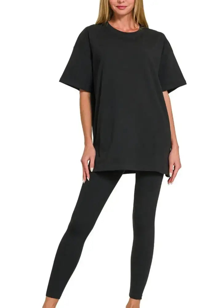 Oversized Black Two-Piece Set with T-Shirt and Leggings for Women