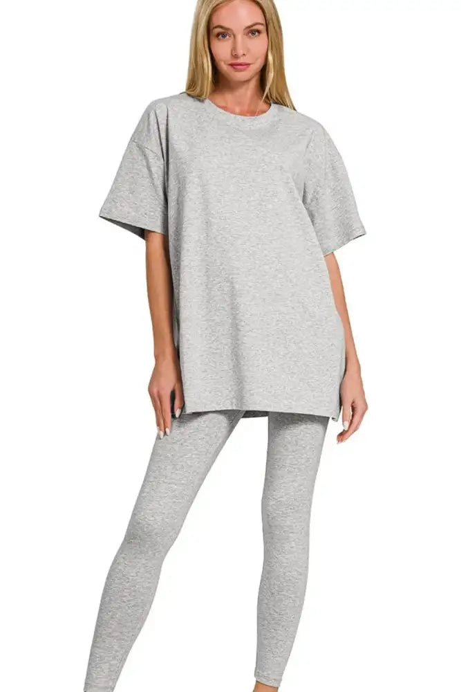 Zenana Cotton Round Neck Top & Legging Set