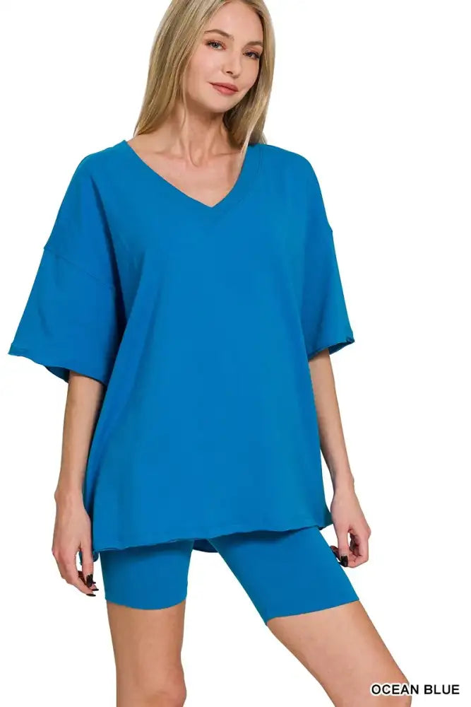 Zenana Cotton V-neck Top & Biker Shorts Set