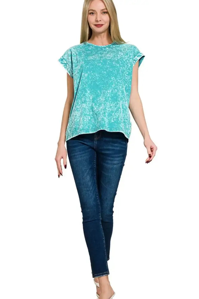 Zenana Crinkle Washed Round Neck Folded Short Sleeve Tee