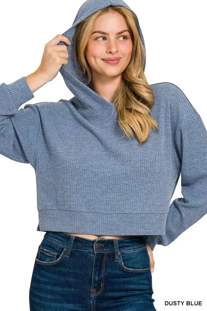 Zenana Drop Shoulder Ribbed Crop Hoodie