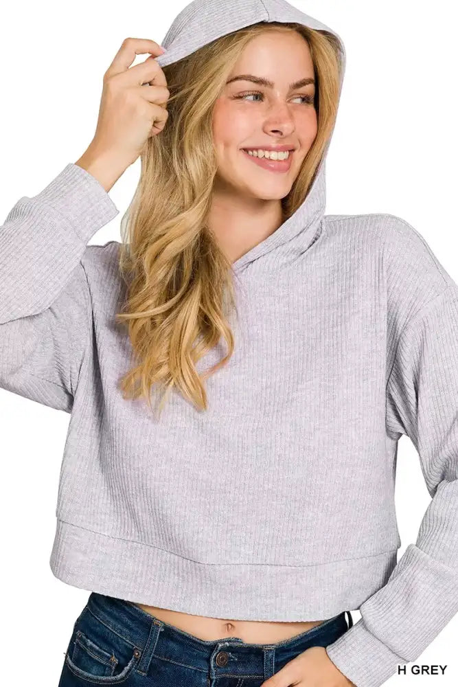 Zenana Drop Shoulder Ribbed Crop Hoodie