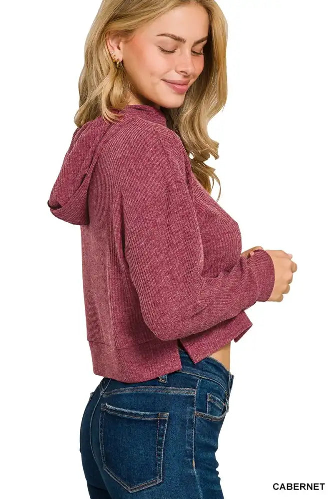 Zenana Drop Shoulder Ribbed Crop Hoodie