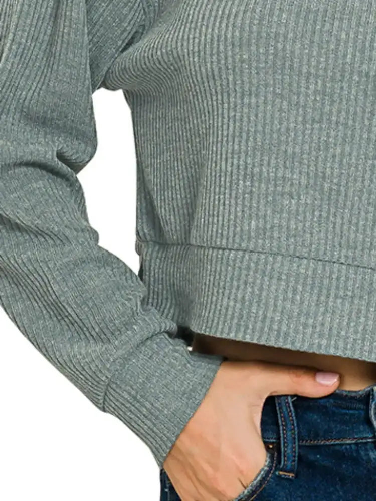 Zenana Drop Shoulder Ribbed Crop Hoodie