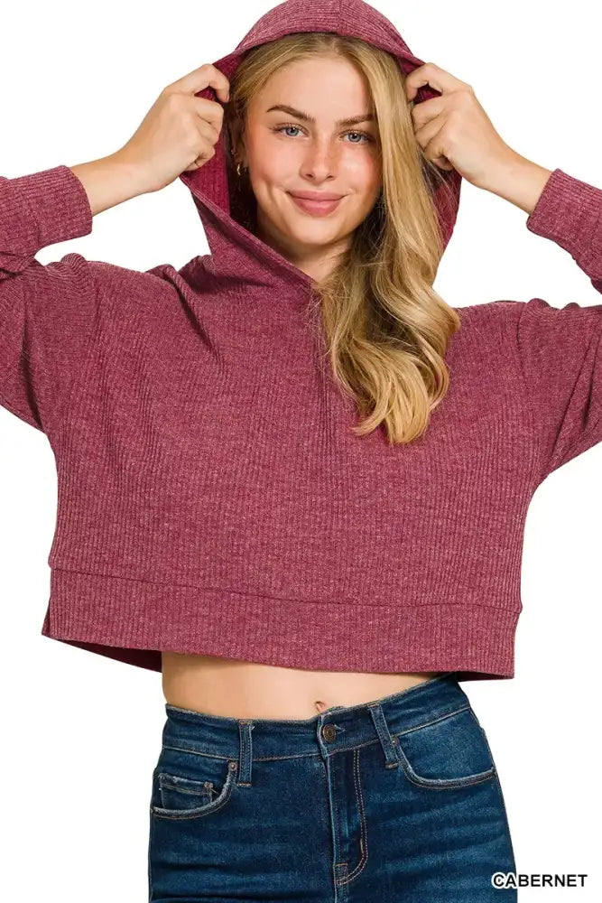 Zenana Drop Shoulder Ribbed Crop Hoodie