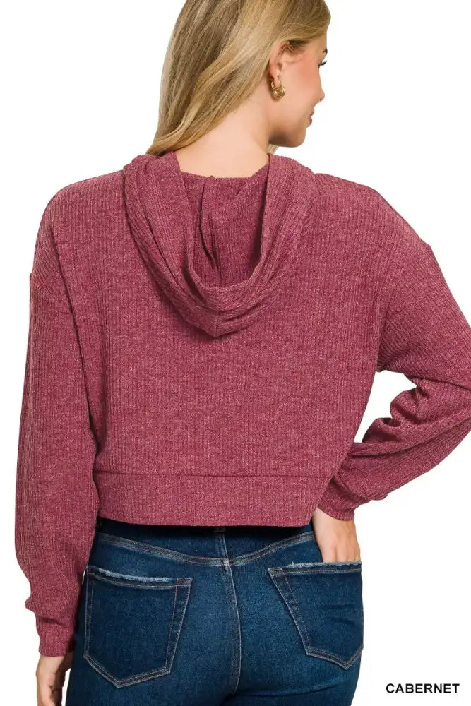 Zenana Drop Shoulder Ribbed Crop Hoodie