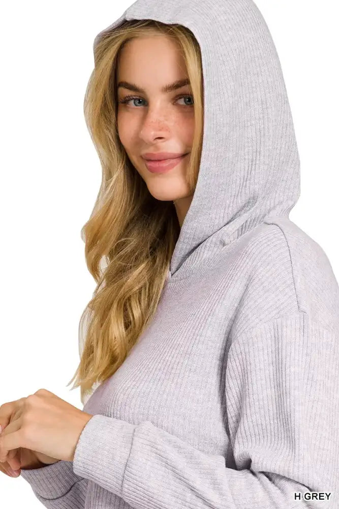 Zenana Drop Shoulder Ribbed Crop Hoodie