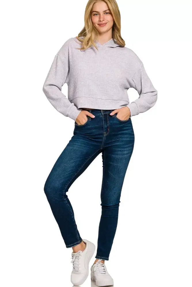 Zenana Drop Shoulder Ribbed Crop Hoodie