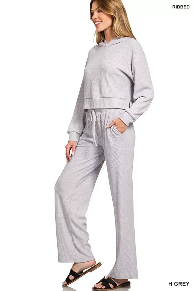 Zenana Drop Shoulder Ribbed Crop Hoodie