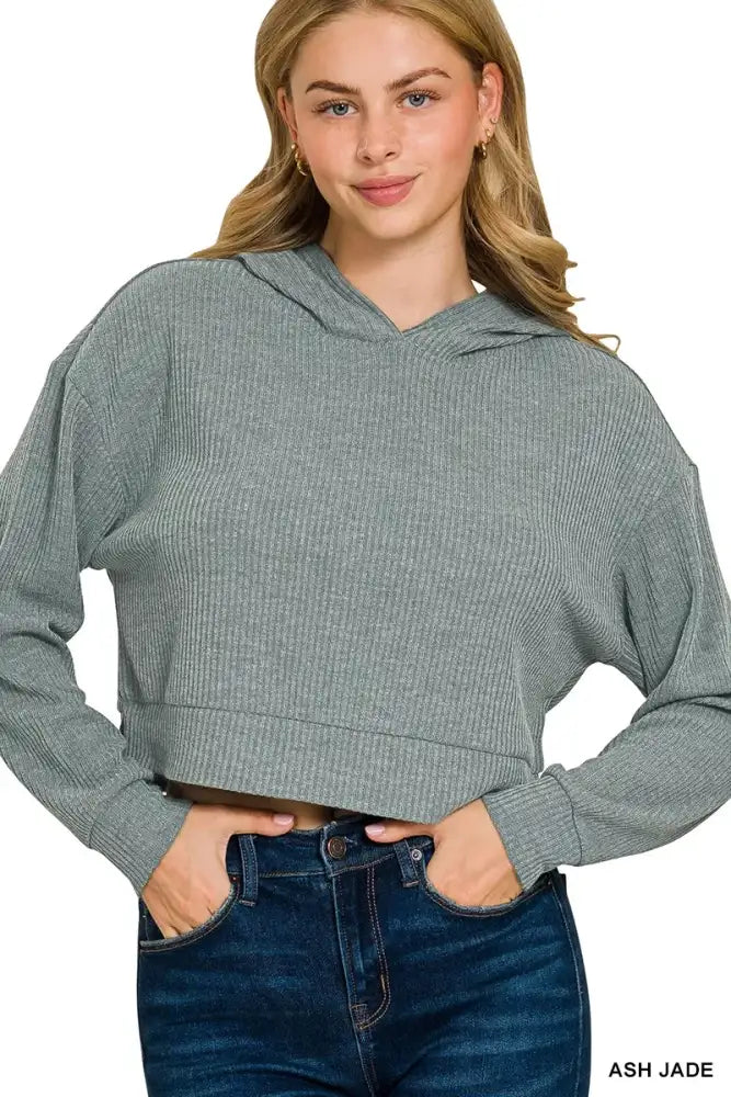 Zenana Drop Shoulder Ribbed Crop Hoodie