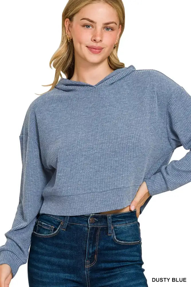 Zenana Drop Shoulder Ribbed Crop Hoodie