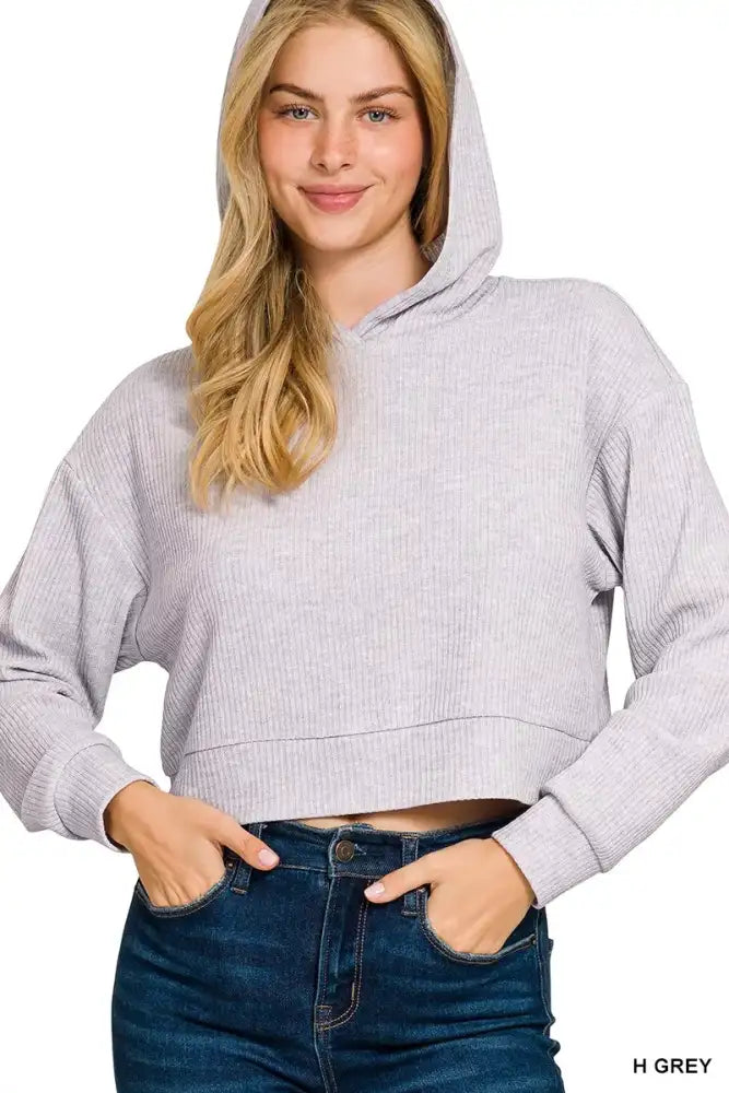 Zenana Drop Shoulder Ribbed Crop Hoodie