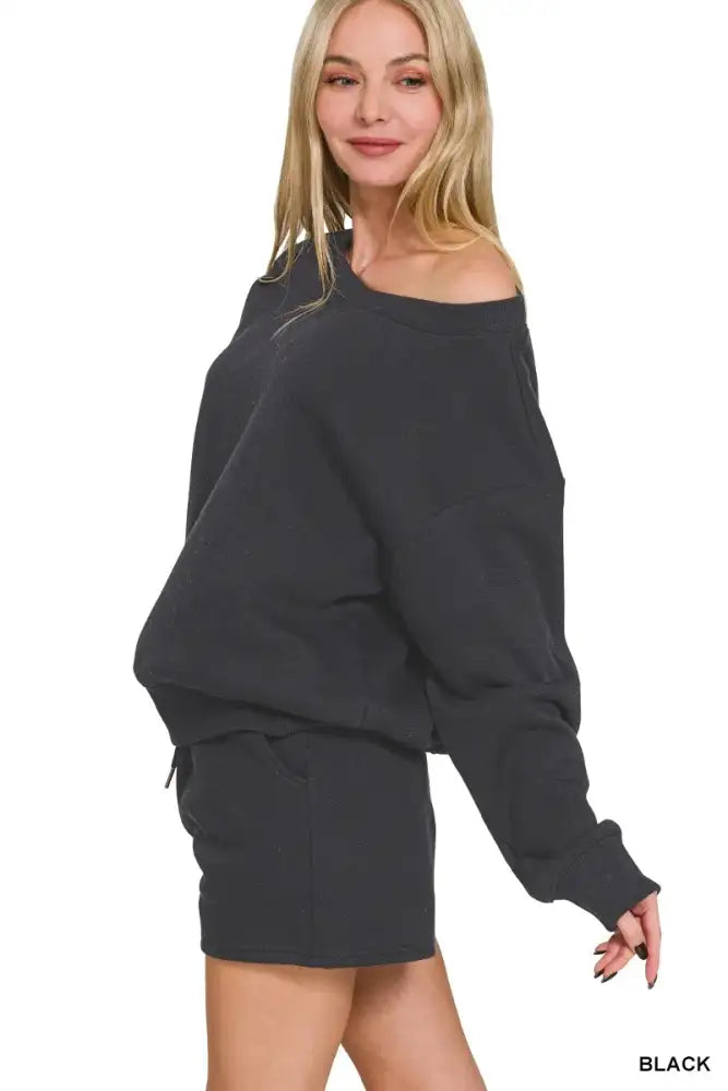 Zenana Fleece Boat Neck Sweatshirt and Shorts Set