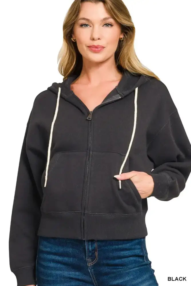 Zenana Fleece Cropped Zip-up Hoodie with Pockets